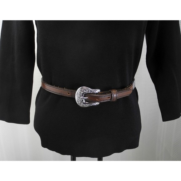 Circle Y Brown Leather Belt Engraved Silver Tone Conchos & Buckle - Size 28 - Picture 1 of 9